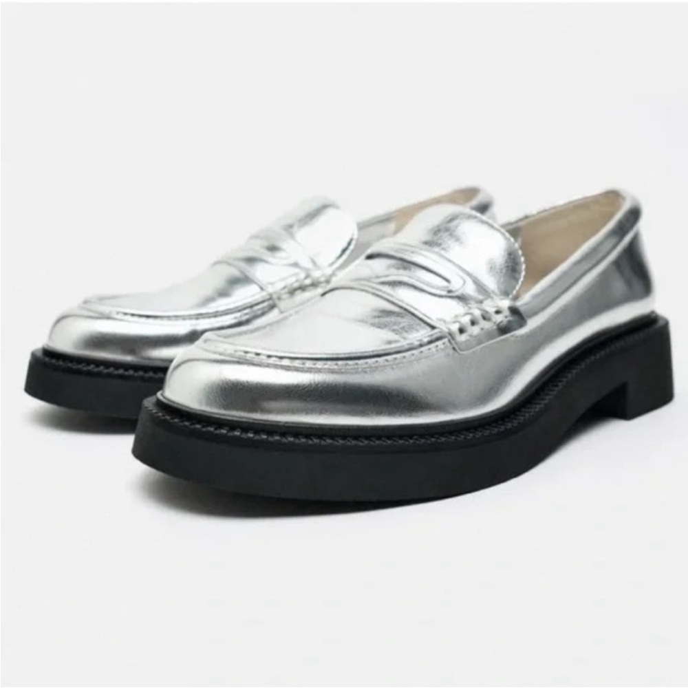NEW Zara Metallic Silver Loafers Size 39